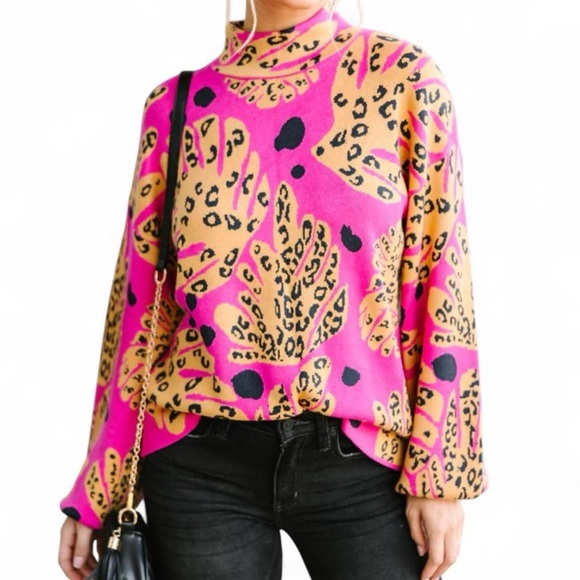 Dance Around It Mixed Print Sweater – Fuchsia Pink, Large 🐆💗 - Picture 1 of 11